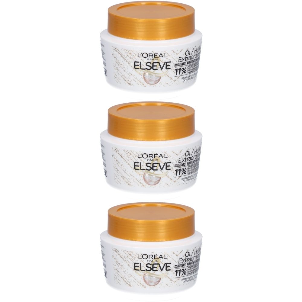 Trois pots L'Oréal Elseve. Pots blancs avec couvercles dorés. Inscription Elseve et Huile Extraordinaire.