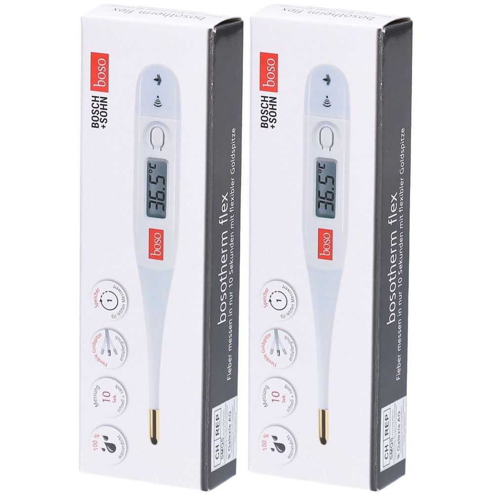 Deux thermomètres en emballage. Affichage numérique 36,5°C. Marque : boso. Modèle : bosotherm flex. Embout flexible doré.