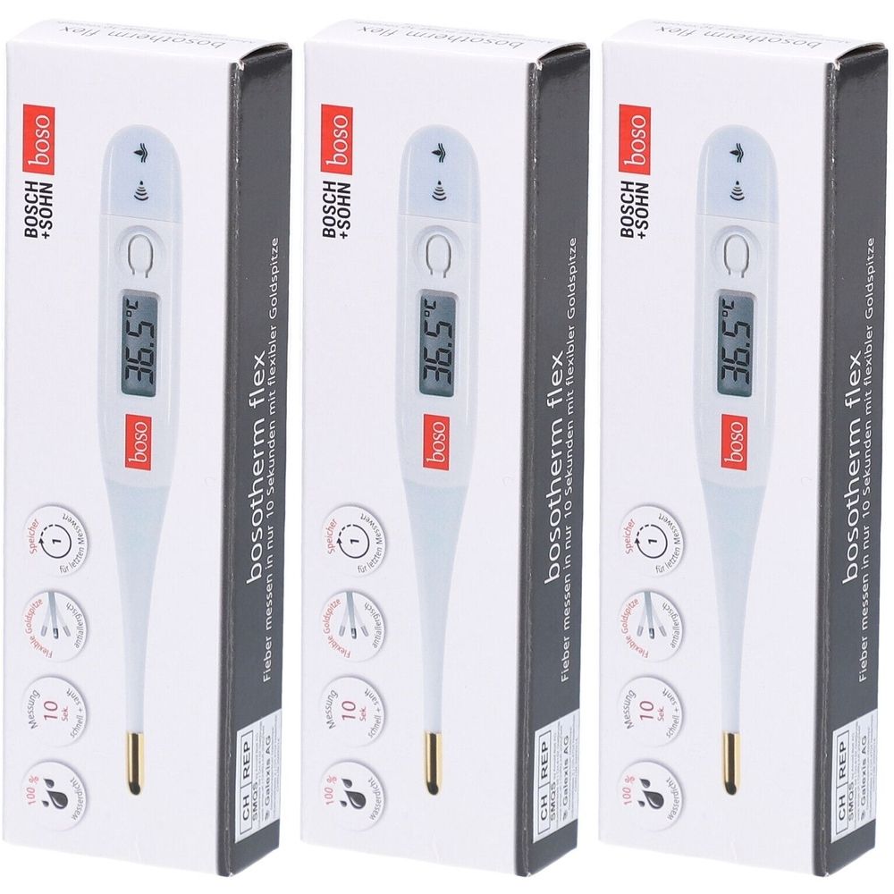Trois thermomètres dans leur emballage. Boîtier blanc, écran numérique avec affichage de la température. Pointe dorée. Marque : boso.