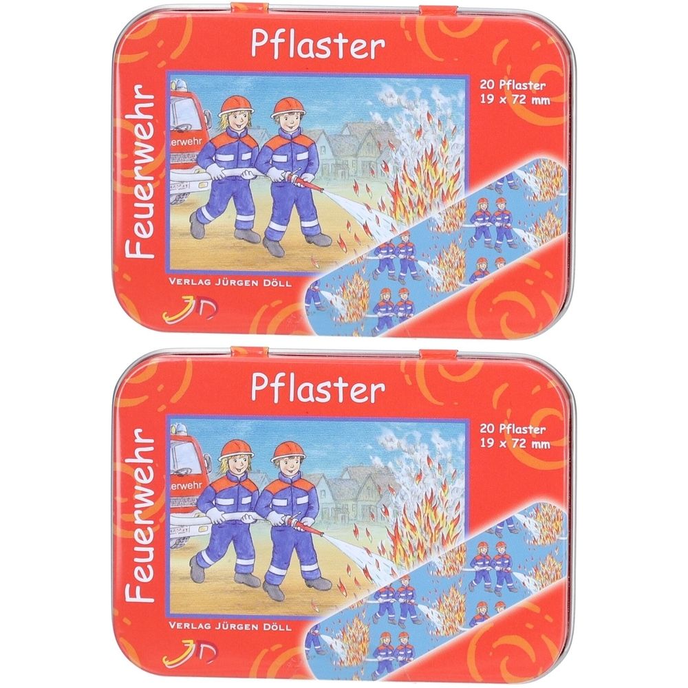 Deux boîtes de pansements rouges avec motif pompier. Inscription : Pflaster, Feuerwehr. Contient 20 pansements, 19 x 72 mm.