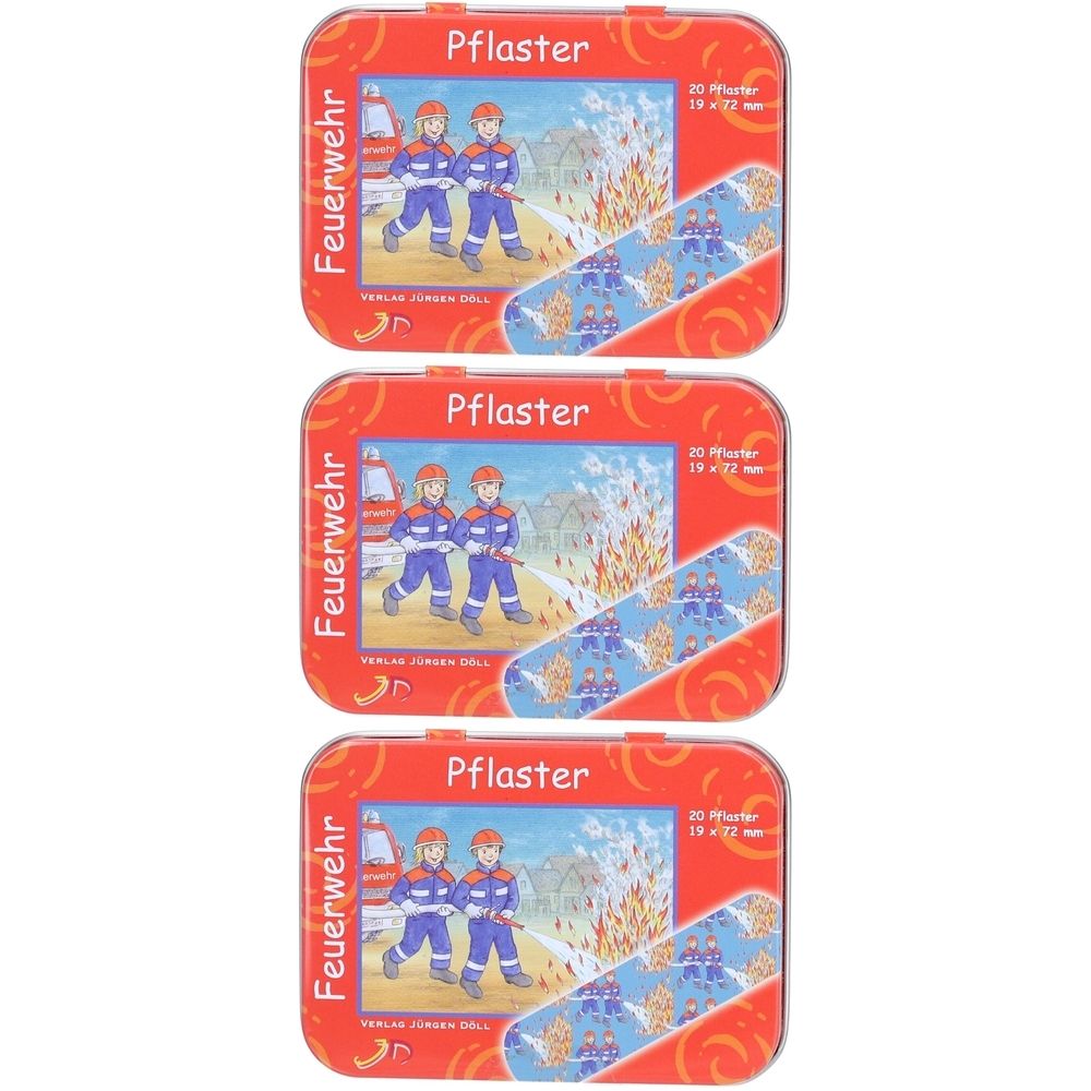 Boîtes métalliques rouges avec pansements. Motif pompier. Texte: Pflaster, 20 pièces, 19 x 72 mm.