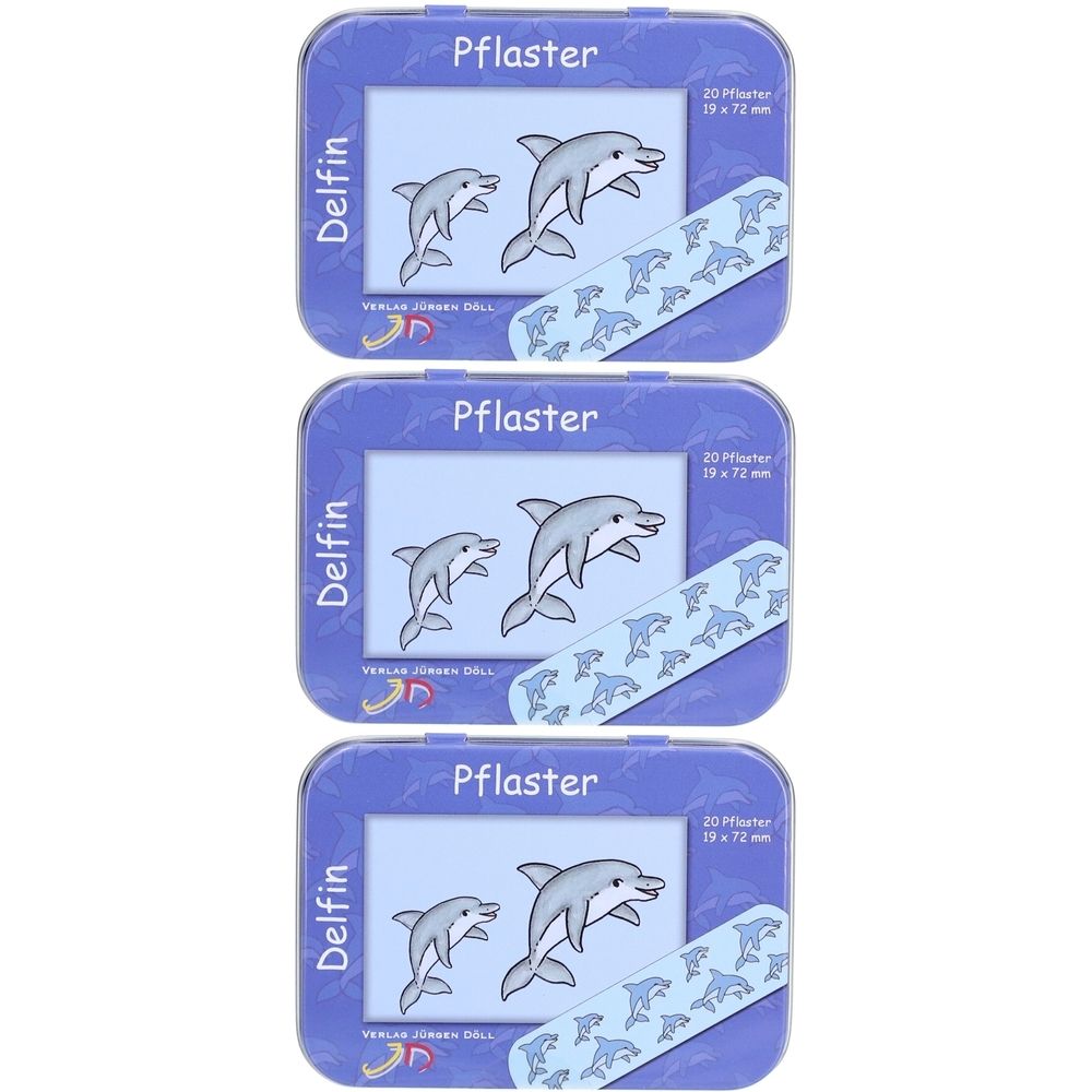 Pansements Delfin en boîte métallique bleue. Sur la boîte : illustrations de dauphins, inscription "Pflaster", indication de taille. Plusieurs boîtes empilées.