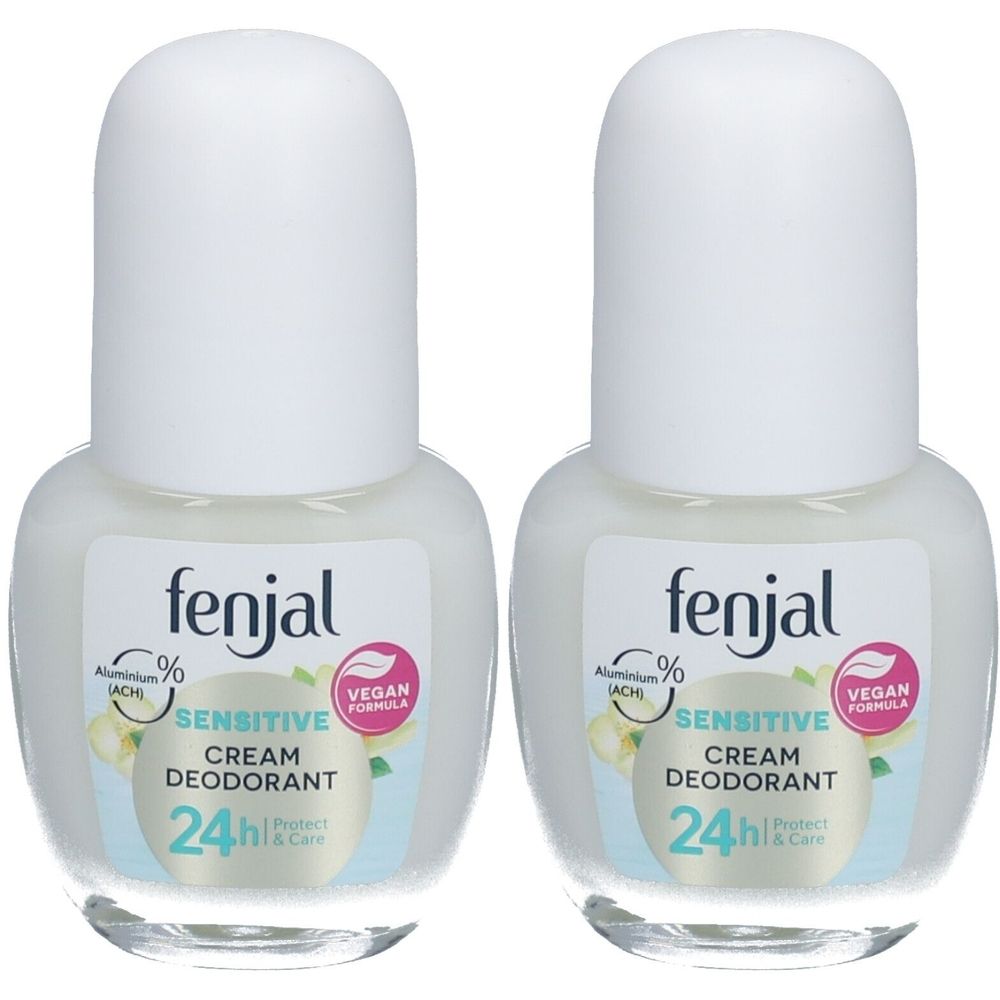 Zwei Roll-on-Deodorants. Weiße Kappe, cremefarbener Behälter. Aufschrift: fenjal, Sensitive Cream Deodorant, 24h Protect & Care, Vegan.