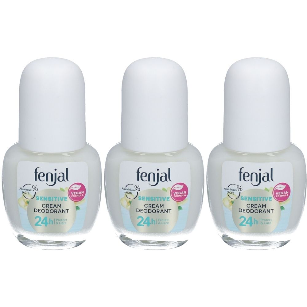 Drei Roll-on-Deodorants. Weiße Kappen, cremefarbene Flaschen mit Etikett. Aufschrift: fenjal, Sensitive, Creme Deodorant, 24h.