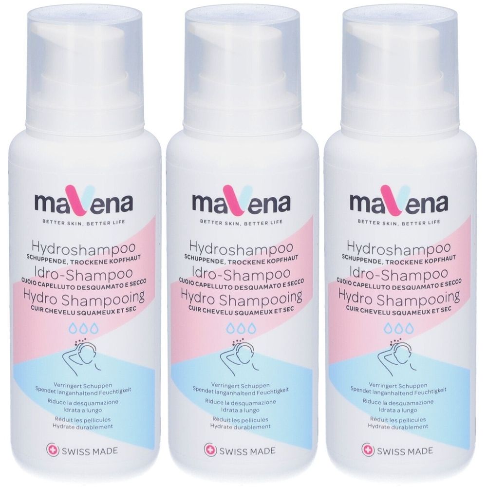 Trois flacons blancs avec pompe. Inscription: Mavena Hydro Shampooing. Fabriqué en Suisse.