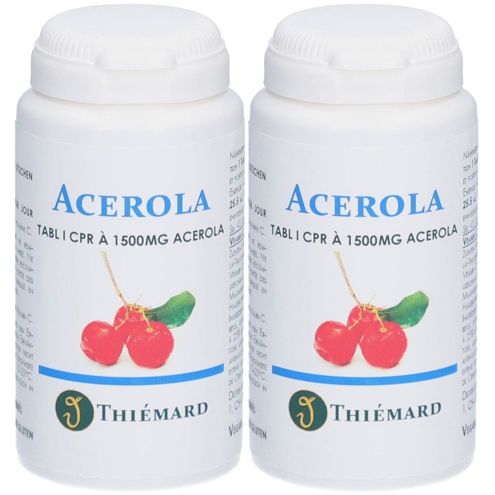 Zwei weiße Flaschen mit dem Aufdruck Acerola, Kirschabbildung und Thiemard-Logo. Text: Tabl. I CPR à 1500mg Acerola.