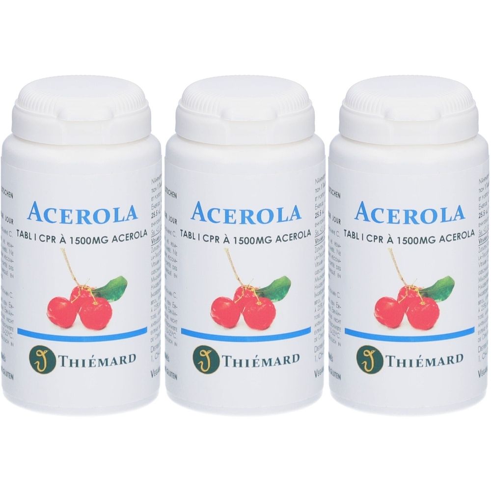Drei weiße Flaschen mit dem Aufdruck "Acerola". Jede Flasche zeigt Kirschen und den Markennamen "Thiémard".