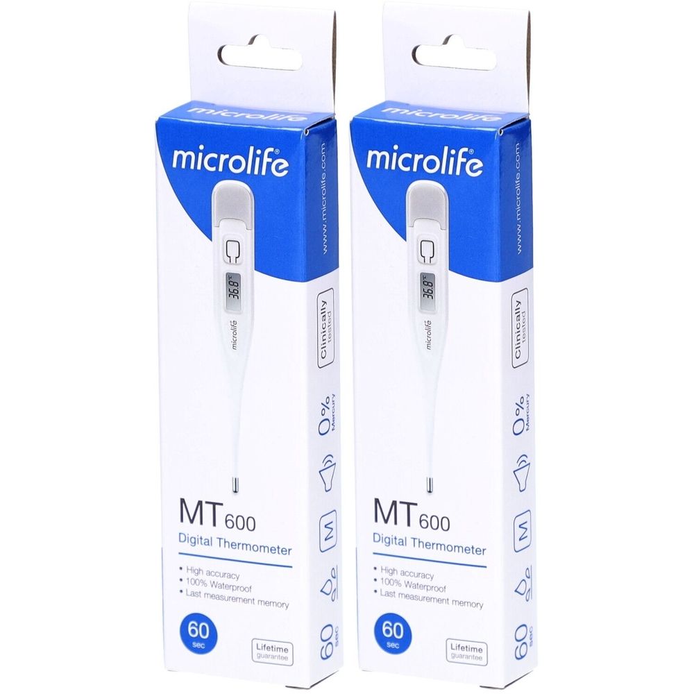 Zwei Thermometer in Verpackung. Auf der Verpackung steht "Microlife", "MT 600 Digital Thermometer". Das Display zeigt 36,8 Grad.