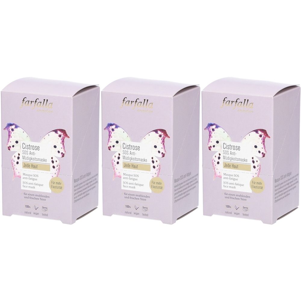 Drei lilafarbene Kartons mit Produktaufdruck. Aufschrift: Farfalla, Cistrose SOS Anti-Müdigkeitsmaske. Abbildung eines Pferdes.