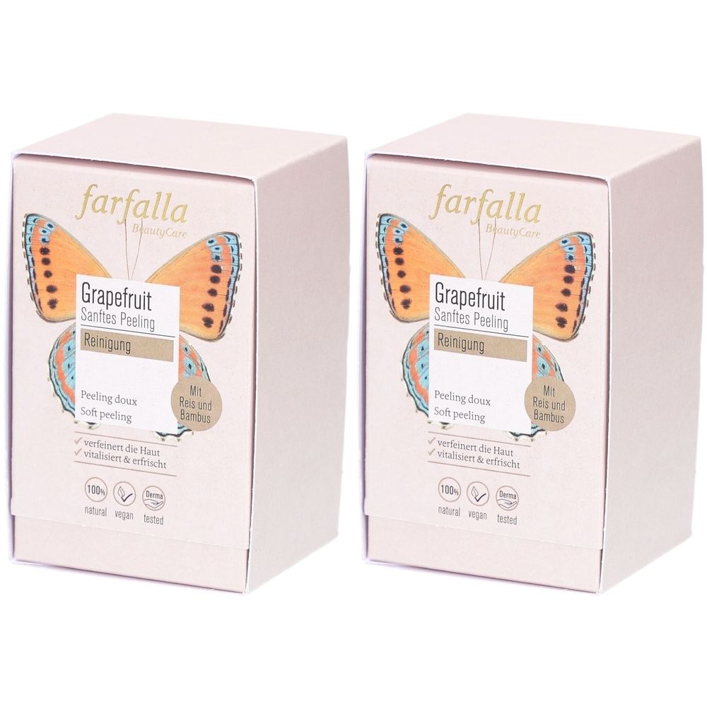 Deux boîtes rectangulaires. Sur le devant : marque Farfalla, motif papillon, nom du produit Grapefruit Sanftes Peeling, étiquette nettoyage.