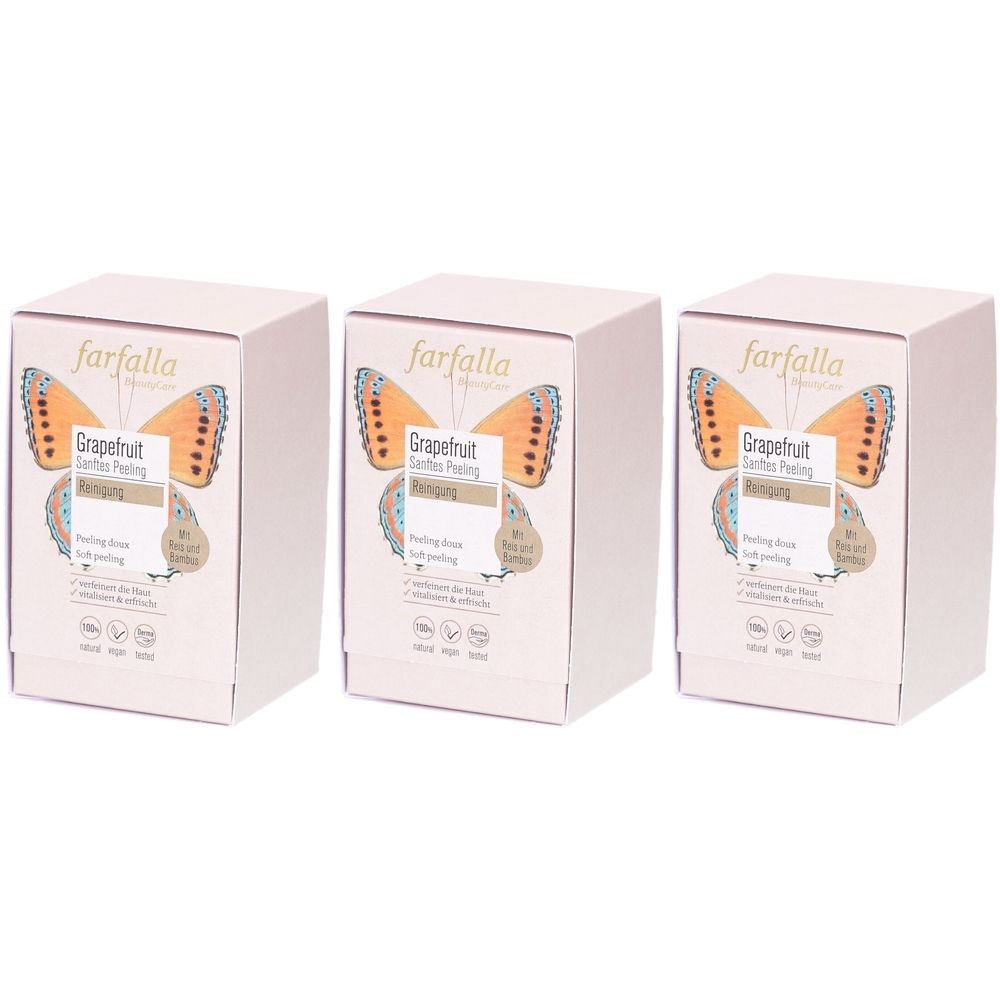 Trois boîtes de Farfalla® Grapefruit Sanftes Peeling. Impression : papillon, nom du produit, logos. Emballage rose et blanc.
