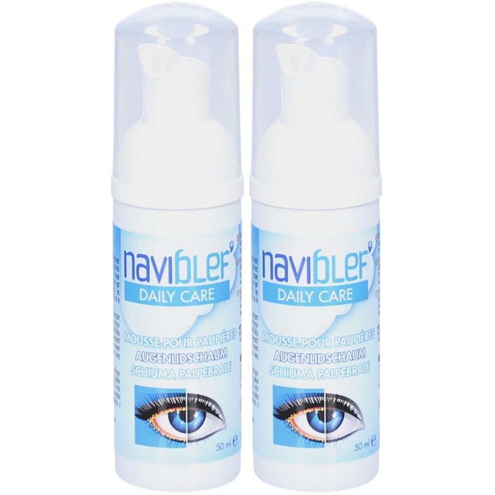 Deux flacons blancs avec étiquettes bleues et blanches. Inscription : naviblef, Daily Care, mousse paupières. Bouchon transparent.