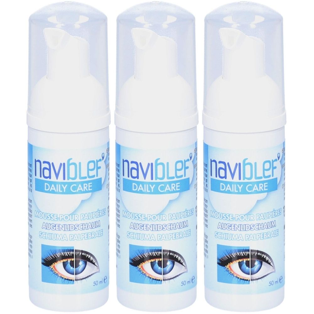 Trois flacons blancs avec pompe et capuchon transparent. Inscription : naviblef, Daily Care, Mousse paupières. Illustration d'un œil.
