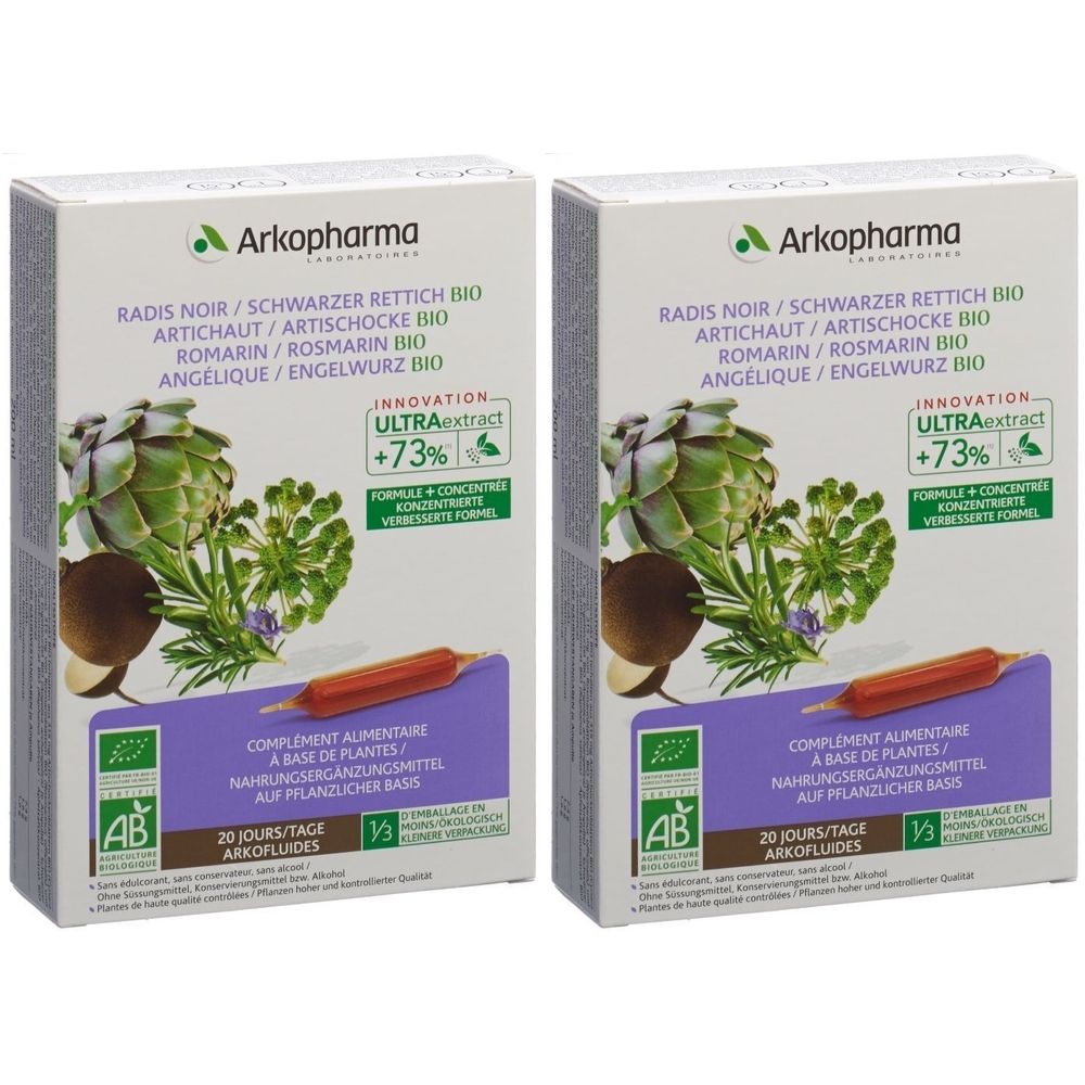 Deux boîtes Arkopharma. Inscription: Radis Noir, Artichaut, Romarin, Angélique. Certification Bio. Ultraextract +73%.
