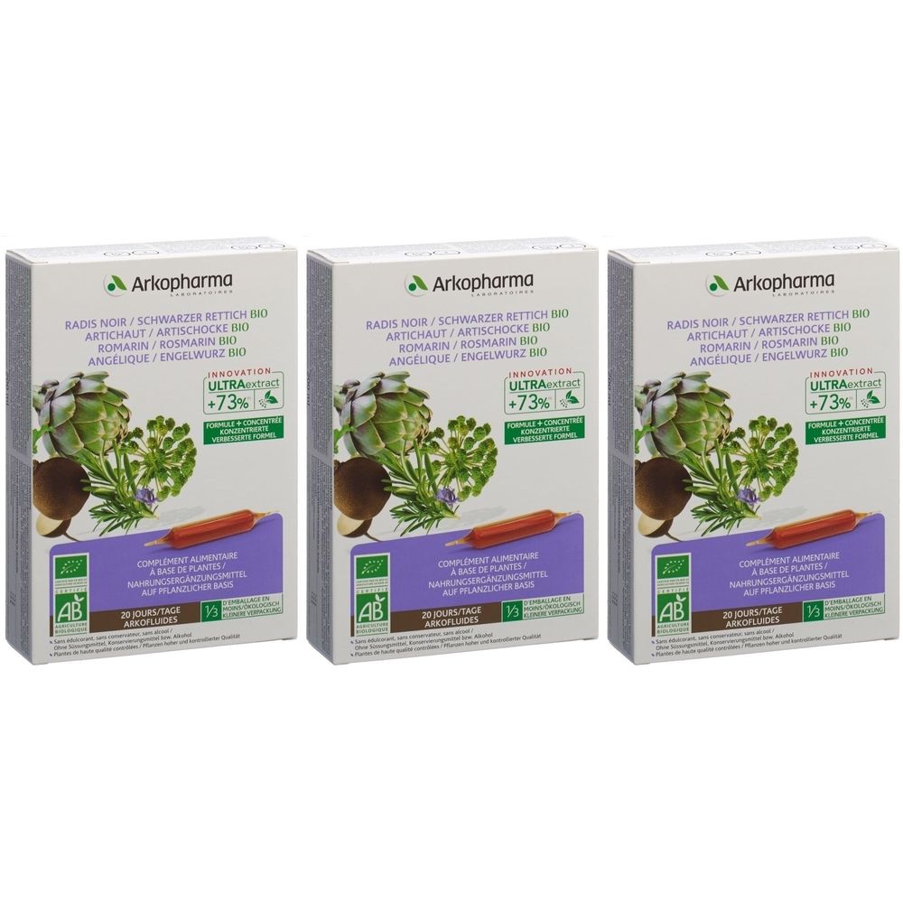Trois boîtes Arkopharma. Inscription : Radis Noir, Artichaut, Romarin, Angélique. Emballage vert et blanc avec illustrations et logo AB.