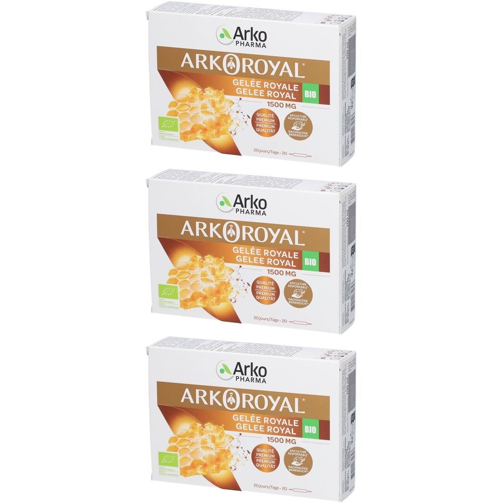 Trois boîtes de produit. Inscription: ARKOROYAL, Gelée Royale, 1500 MG. Label bio.
