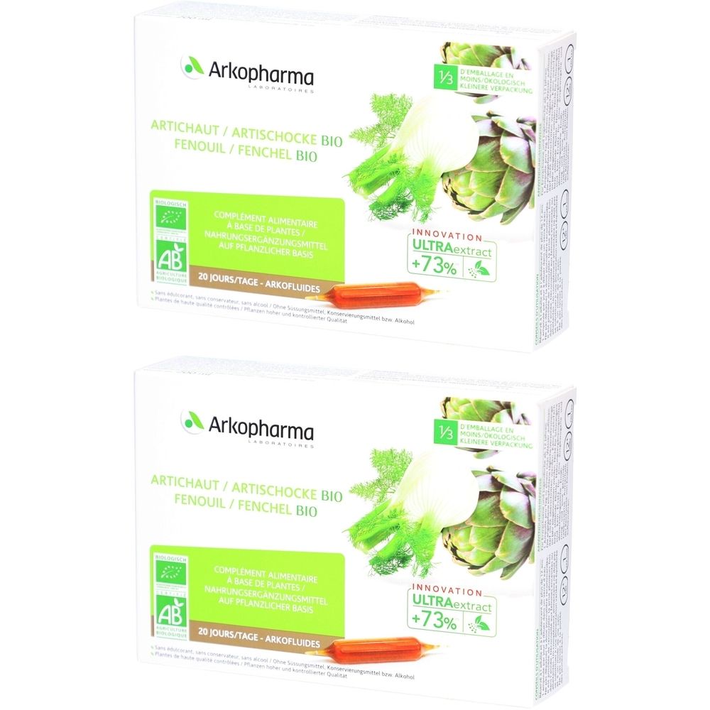 Deux boîtes blanches avec informations produit. Inscriptions: Arkopharma, Artichaut/Fenouil, label bio, Ultraextract +73%.