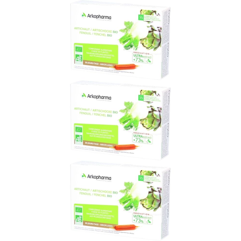 Trois boîtes d'Arkopharma Arkofluides Bio Artichaut & Fenouil. Inscriptions: marque, nom du produit, label bio, illustrations d'artichaut et de fenouil.