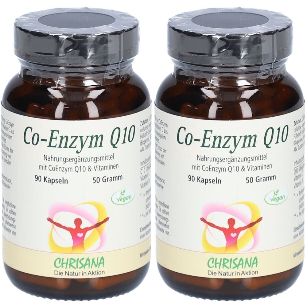 Deux flacons bruns de gélules. Inscription : Co-Enzyme Q10, 90 gélules, 50 grammes. Marque : CHRISANA. Label végétalien.