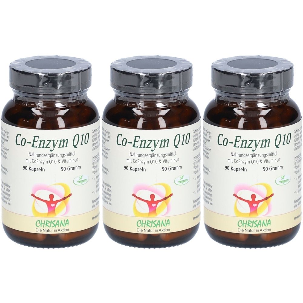 Trois flacons en verre brun avec des couvercles noirs. Les étiquettes indiquent "Co-Enzym Q10", "90 Kapseln", "50 Gramm" et "CHRISANA".