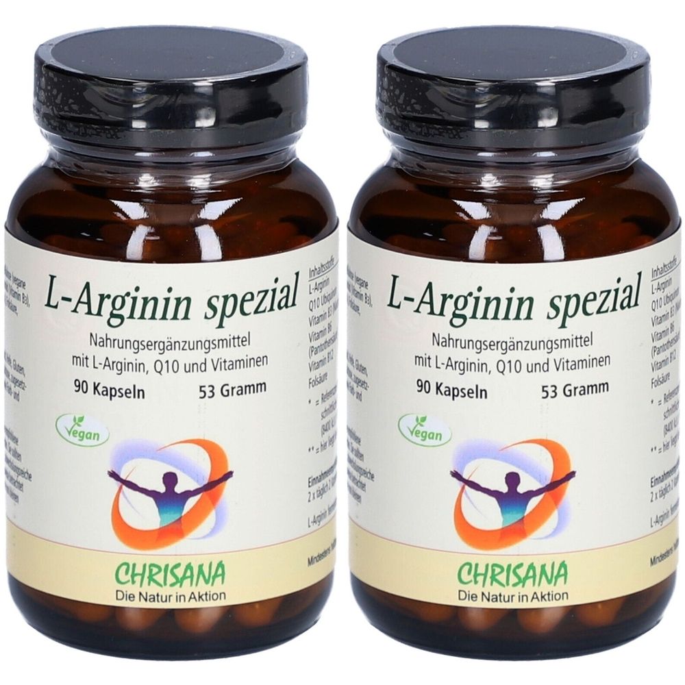 Deux flacons en verre brun avec bouchons noirs. Inscription: L-Arginin spezial, 90 capsules, 53 grammes. Marque: Chrisana. Label végétalien.