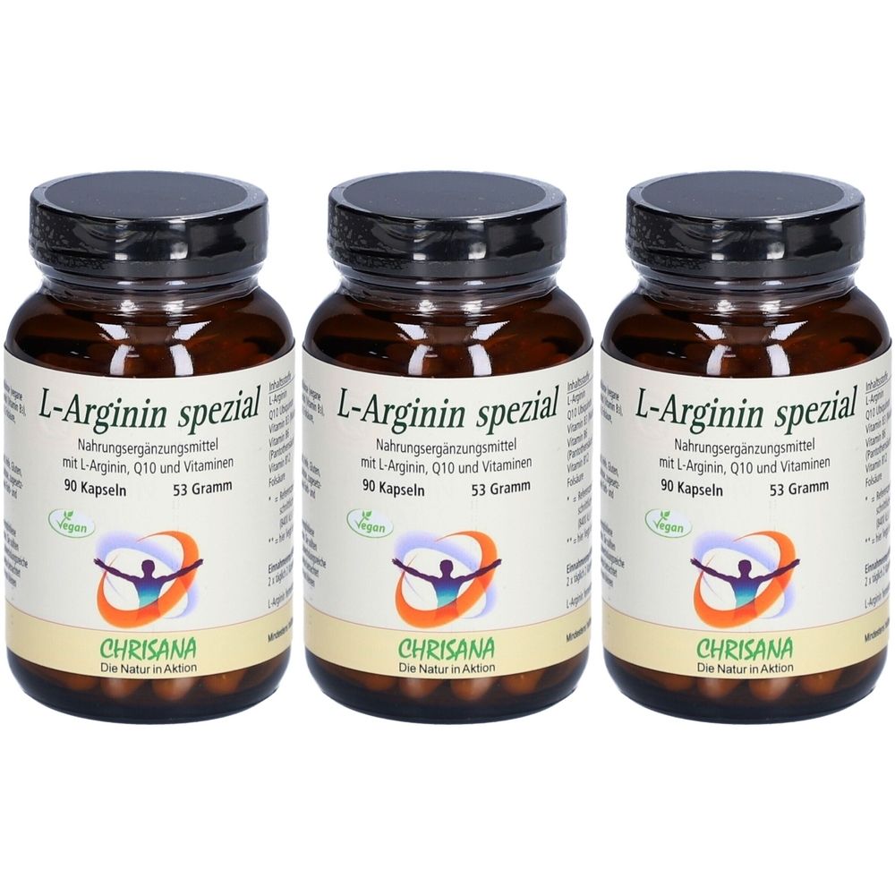 Trois flacons en verre brun avec des couvercles noirs. Les étiquettes indiquent "L-Arginin spezial" et "CHRISANA".