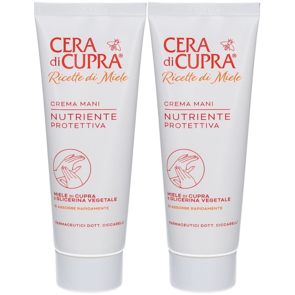 Deux tubes de crème pour les mains blancs. Inscription: Cera di Cupra, Ricette di Miele, Crema Mani, Nutriente Protettiva. Au miel et glycérine.