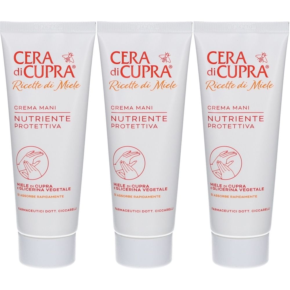Trois tubes de crème pour les mains. Inscription : Cera di Cupra, Ricette di Miele, Crema Mani, Nutriente Protettiva. Miel et glycérine végétale.