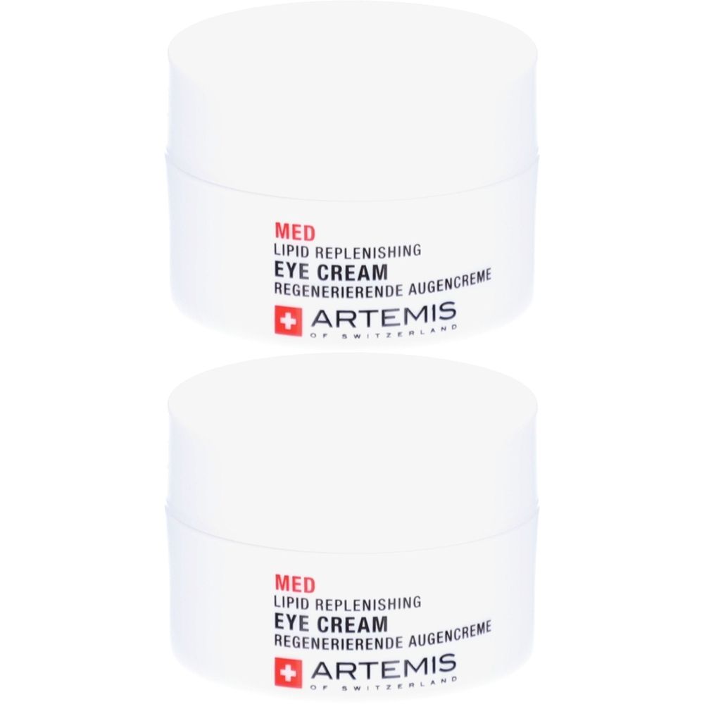 Deux pots blancs. Inscription: MED Lipid Replenishing Eye Cream, ARTEMIS. Texte et logo rouges.