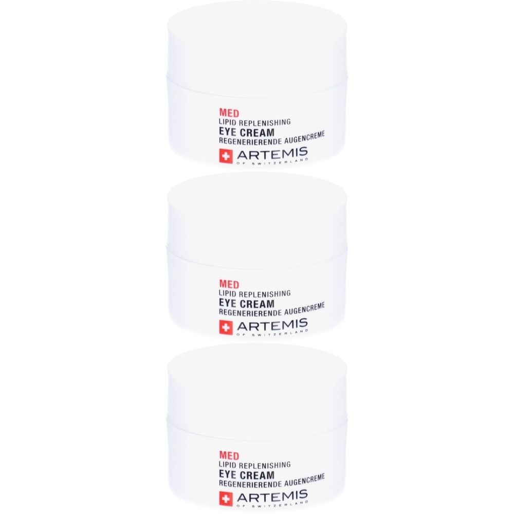 Trois pots blancs. Inscription: MED Lipid Replenishing Eye Cream, ARTEMIS. Logo rouge avec croix.