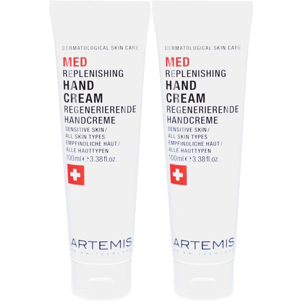 Zwei weiße Tuben Handcreme. Aufschrift: MED Hand Cream, Schweizer Kreuz. Marke: ARTEMIS.