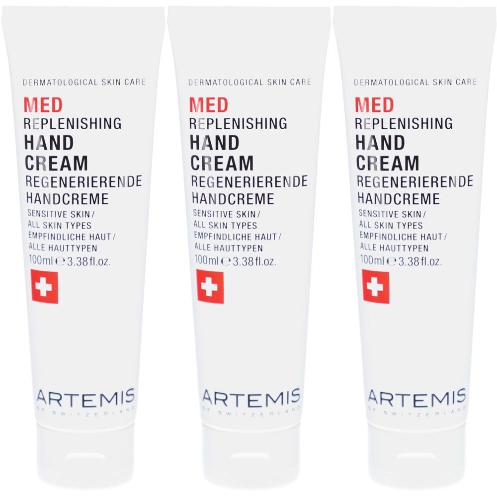 Drei weiße Tuben Handcreme. Auf jeder Tube steht "MED REPLENISHING HAND CREAM". Darunter ein rotes Kreuz. Marke: ARTEMIS.