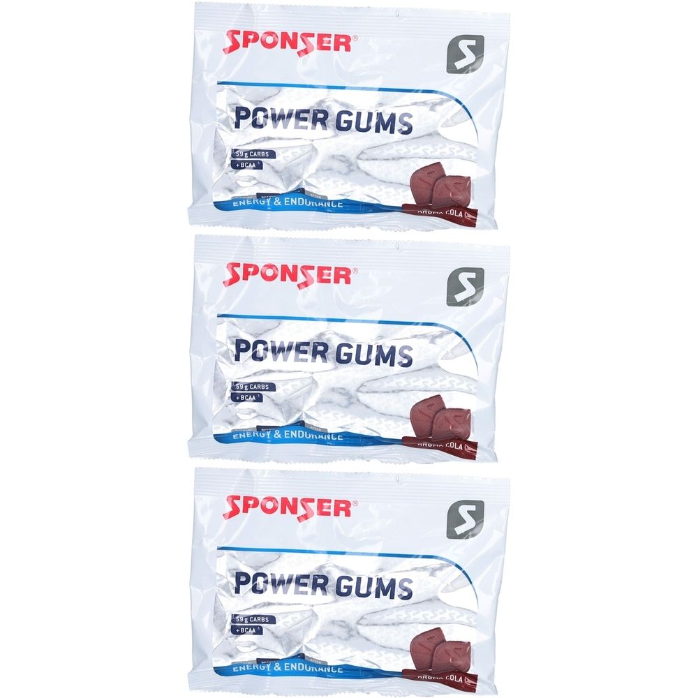 Drei Beutel SPONSER Power Gums. Aufschrift Power Gums, BCAA Cola. Rote Gummibärchen-Abbildung. Weiße Verpackung mit roter und blauer Schrift.