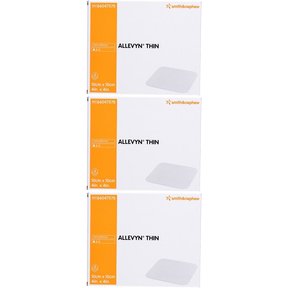 Trois boîtes blanches avec bandes oranges. Inscription: ALLEVYN THIN, 10cm x 10cm. Marque: smith&nephew.