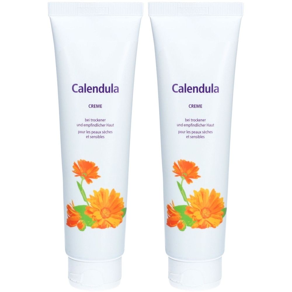 Zwei weiße Tuben mit Aufschrift "Calendula CREME". Abbildung von Ringelblumen. Text in Deutsch und Französisch.