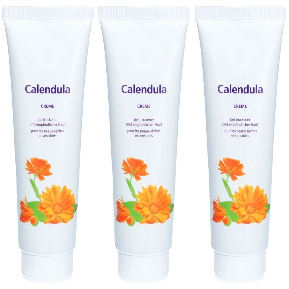 Drei Tuben Creme mit dem Aufdruck "Calendula". Auf jeder Tube ist eine Zeichnung einer Ringelblume abgebildet.