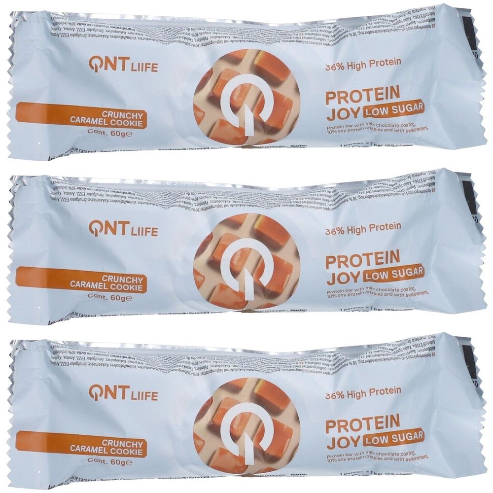Drei Proteinriegel in Folienverpackung. Aufdruck: QNT LIIFE, Crunchy Caramel Cookie, 36% High Protein, Protein Joy Low Sugar.