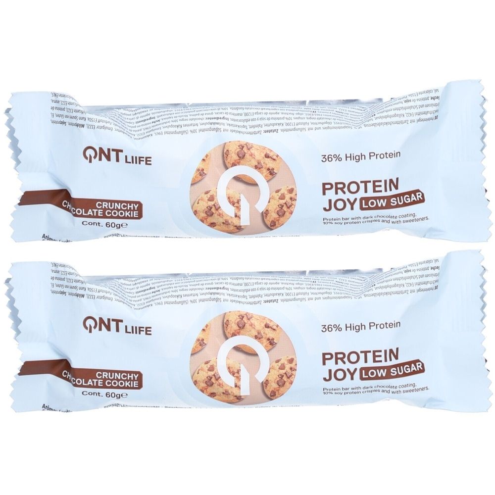 Zwei Proteinriegel in weißer Verpackung. Aufdruck: QNT LIife, Crunchy Chocolate Cookie, Protein Joy Low Sugar. 36% Protein.