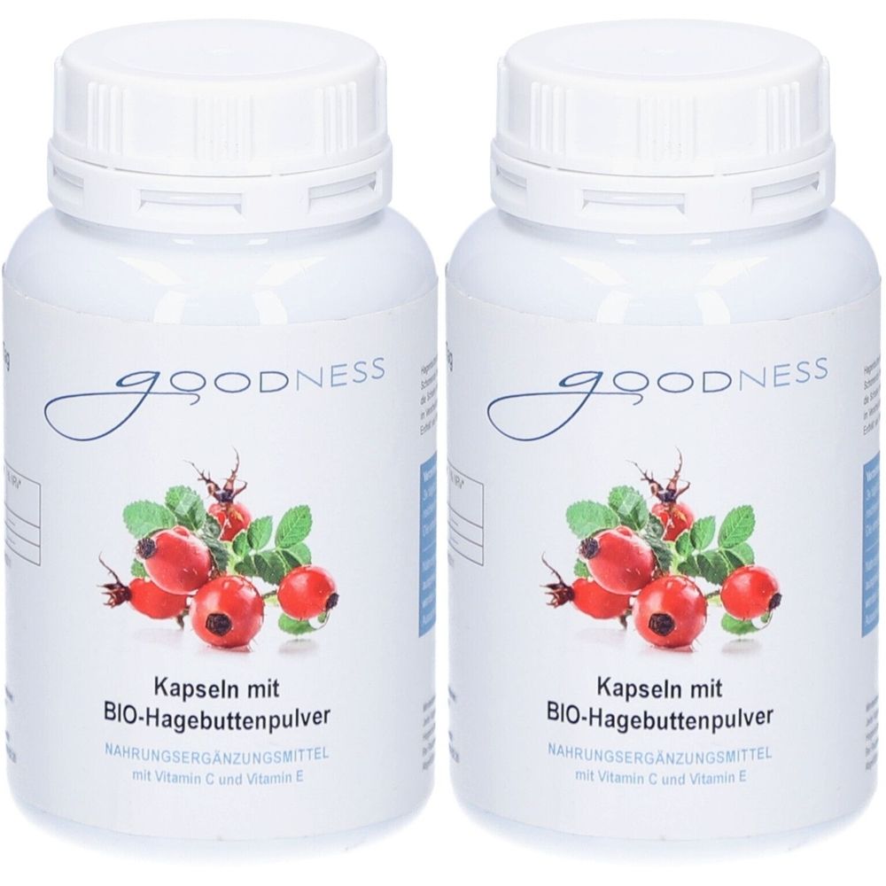 Deux flacons blancs avec des gélules. Inscription : Goodness, gélules à la poudre de cynorrhodon bio. Illustration de cynorrhodons.