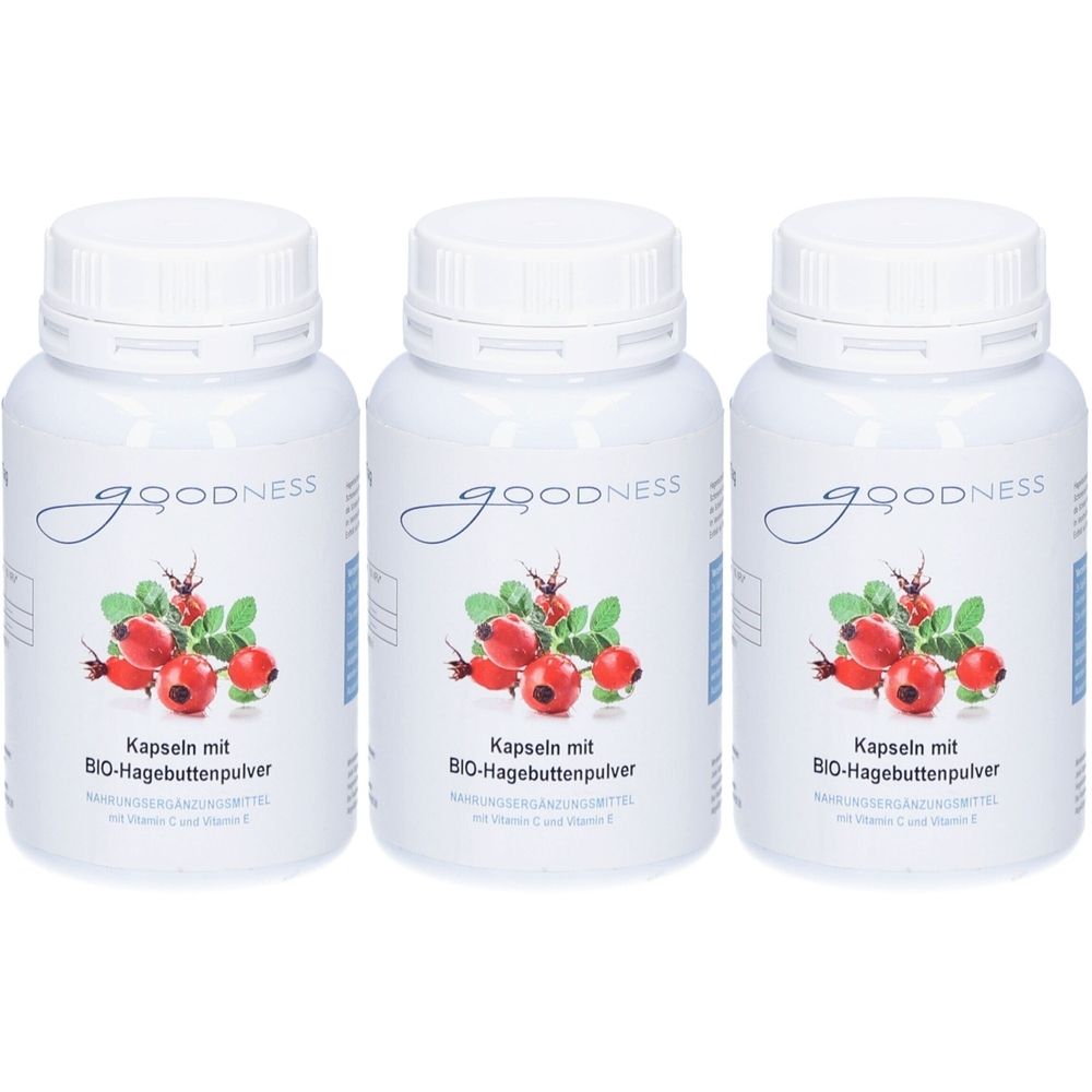 Trois flacons blancs de gélules. Chaque flacon porte l'inscription « goodness » et « Kapseln mit BIO-Hagebuttenpulver ». Illustration d'églantines.