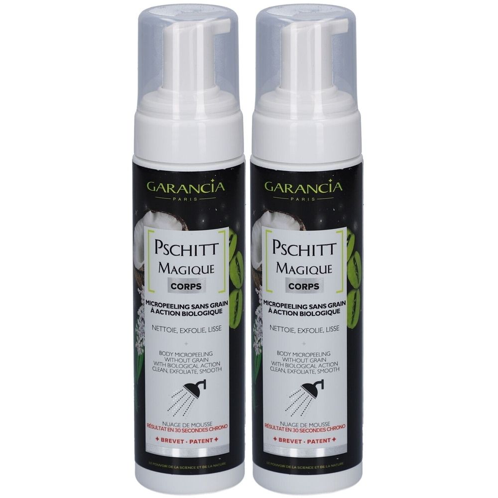 Zwei Flaschen mit weißem Spender und schwarzem Etikett. Aufschrift: PSCHITT MAGIQUE CORPS, GARANCIA.