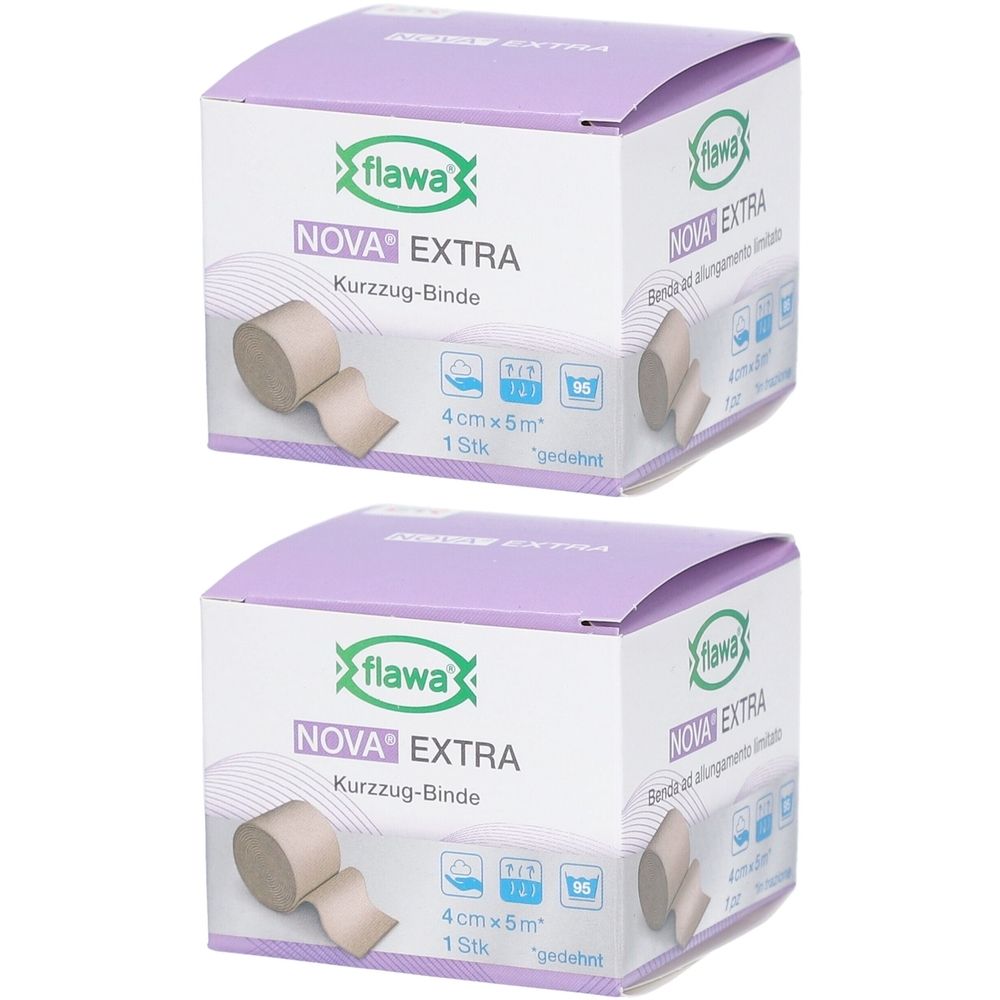 Deux boîtes de bandage flawa NOVA EXTRA. Inscription : 4 cm x 5 m, 1 pièce. Logo et nom du produit clairement visibles.