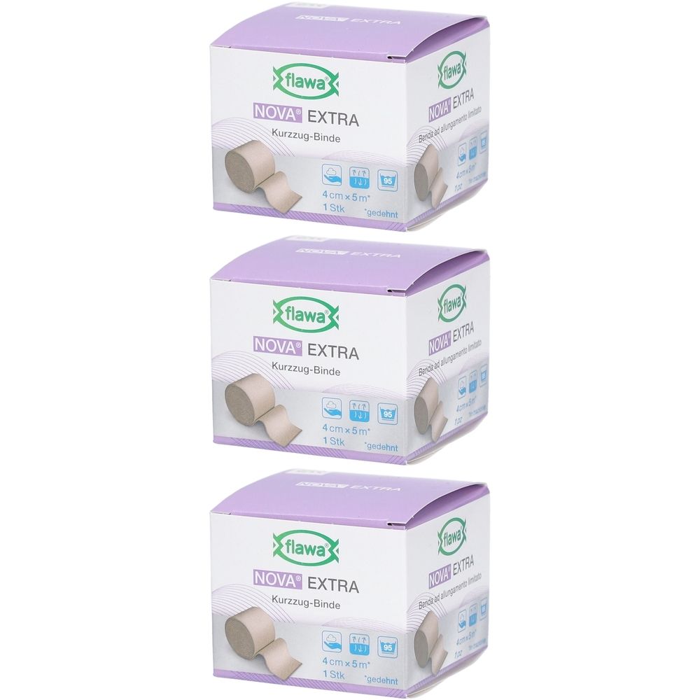 Trois boîtes de bandage flawa NOVA EXTRA. Inscription : 4 cm x 5 m, 1 pc. Logo et nom du produit visibles.