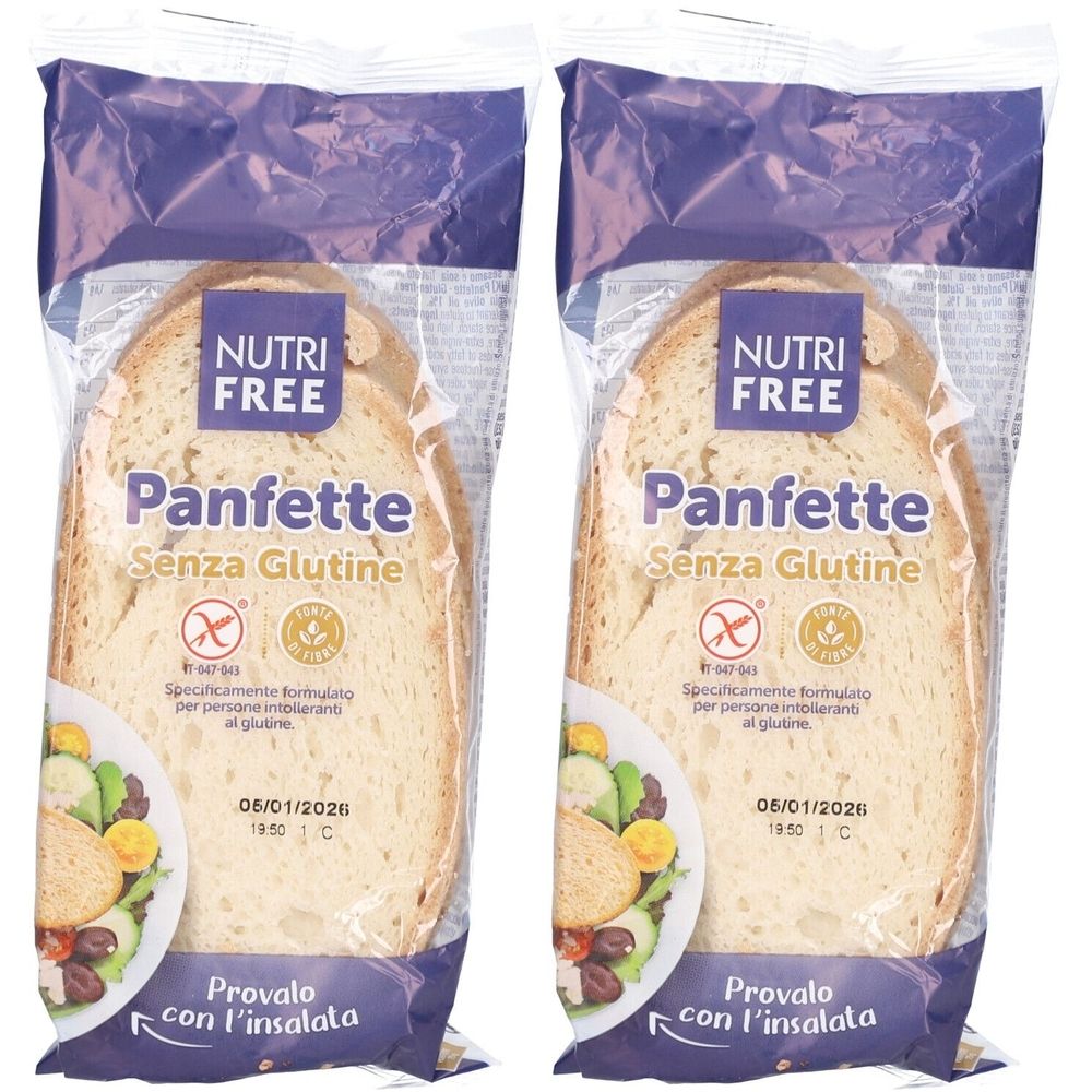 Zwei verpackte Brotscheiben. Aufschrift: NUTRI FREE, Panfette Senza Glutine. Mit glutenfreiem Symbol. Aufdruck: 05/01/2026. Mit Salat-Abbildung.