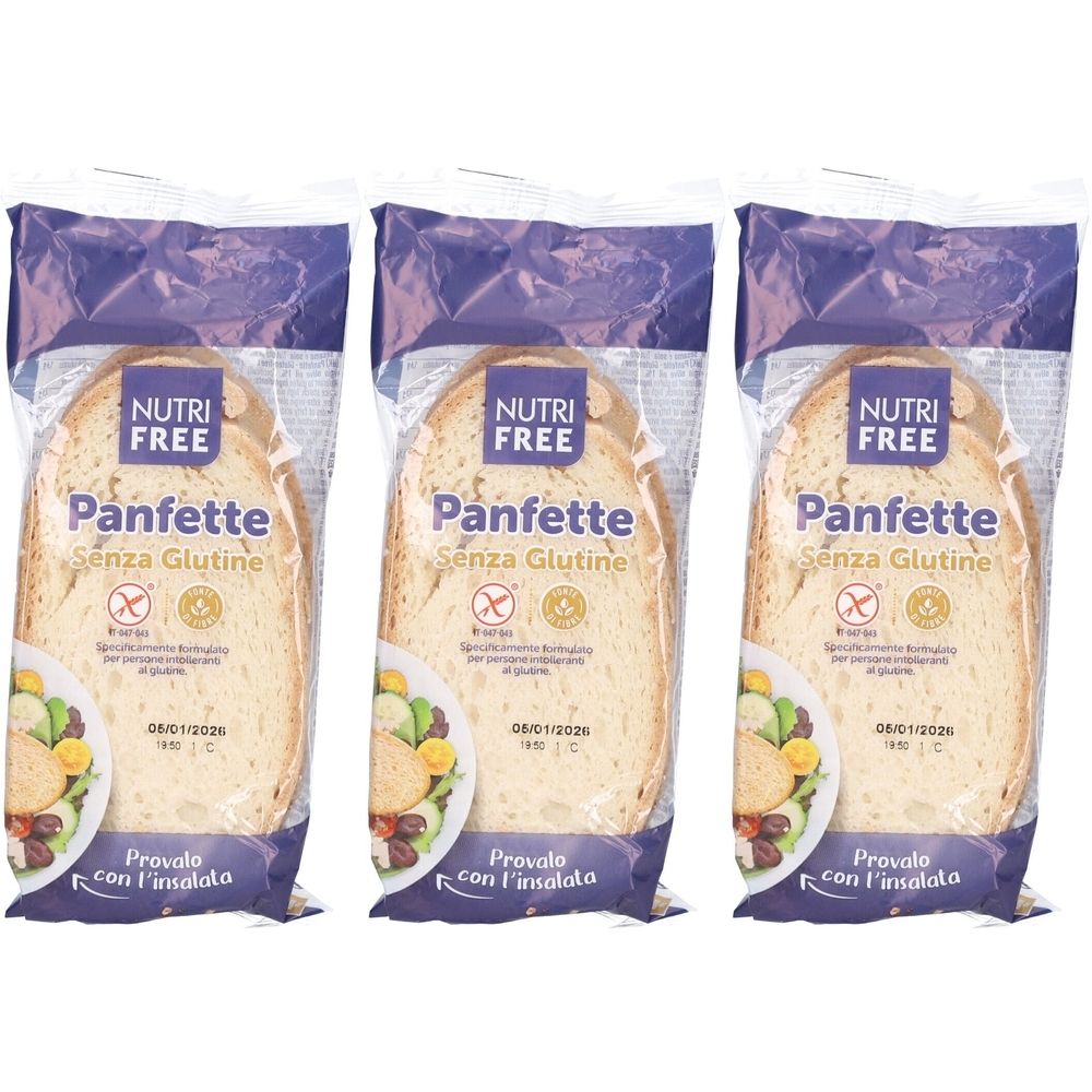 Drei Packungen Nutrifree Panfette, glutenfrei. Jede Packung enthält Brot, mit Aufdrucken und einem Salat-Bild. Haltbarkeitsdatum.