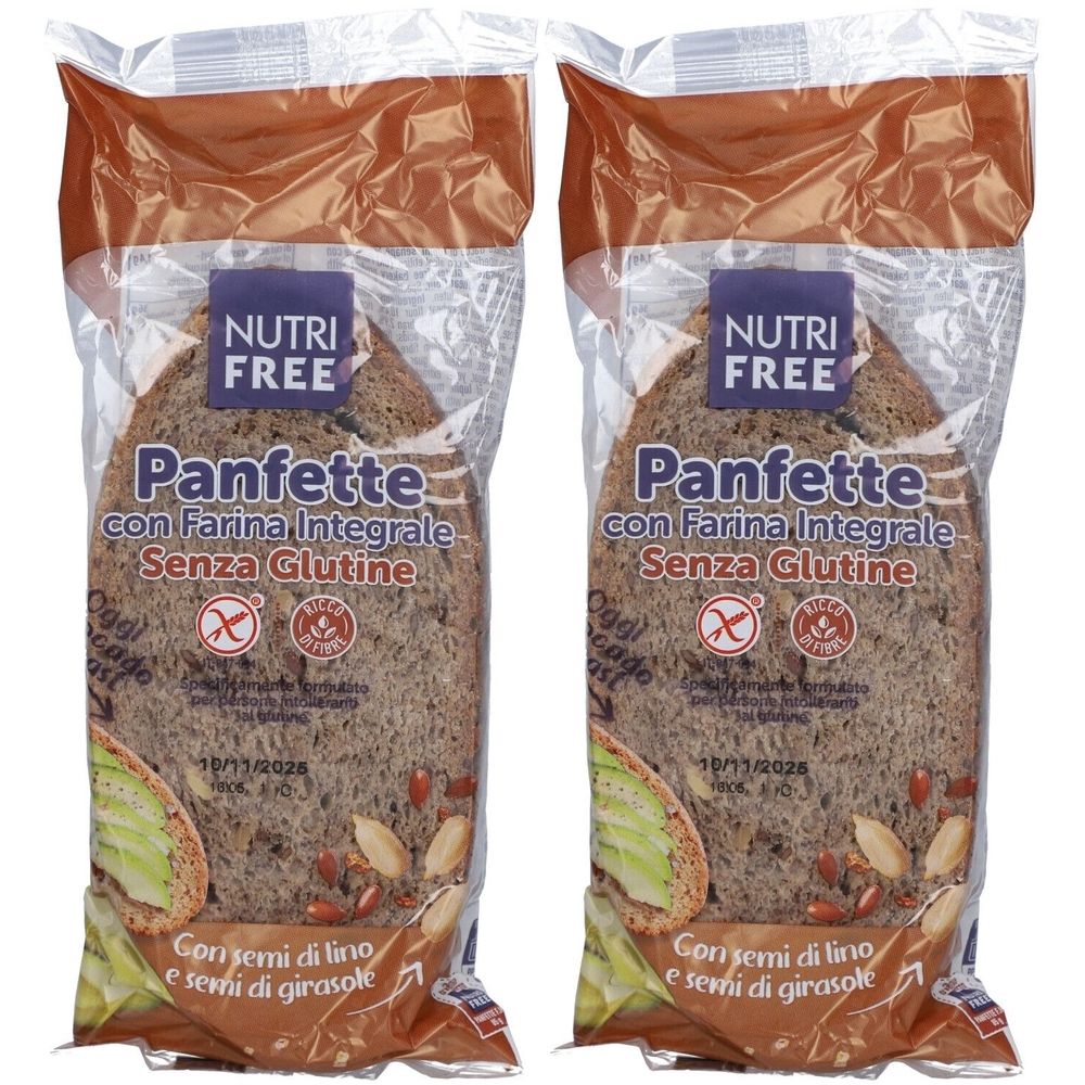Deux pains emballés. Inscription: Nutri Free Panfette con Farina Integrale Senza Glutine. Avec graines de lin et de tournesol.