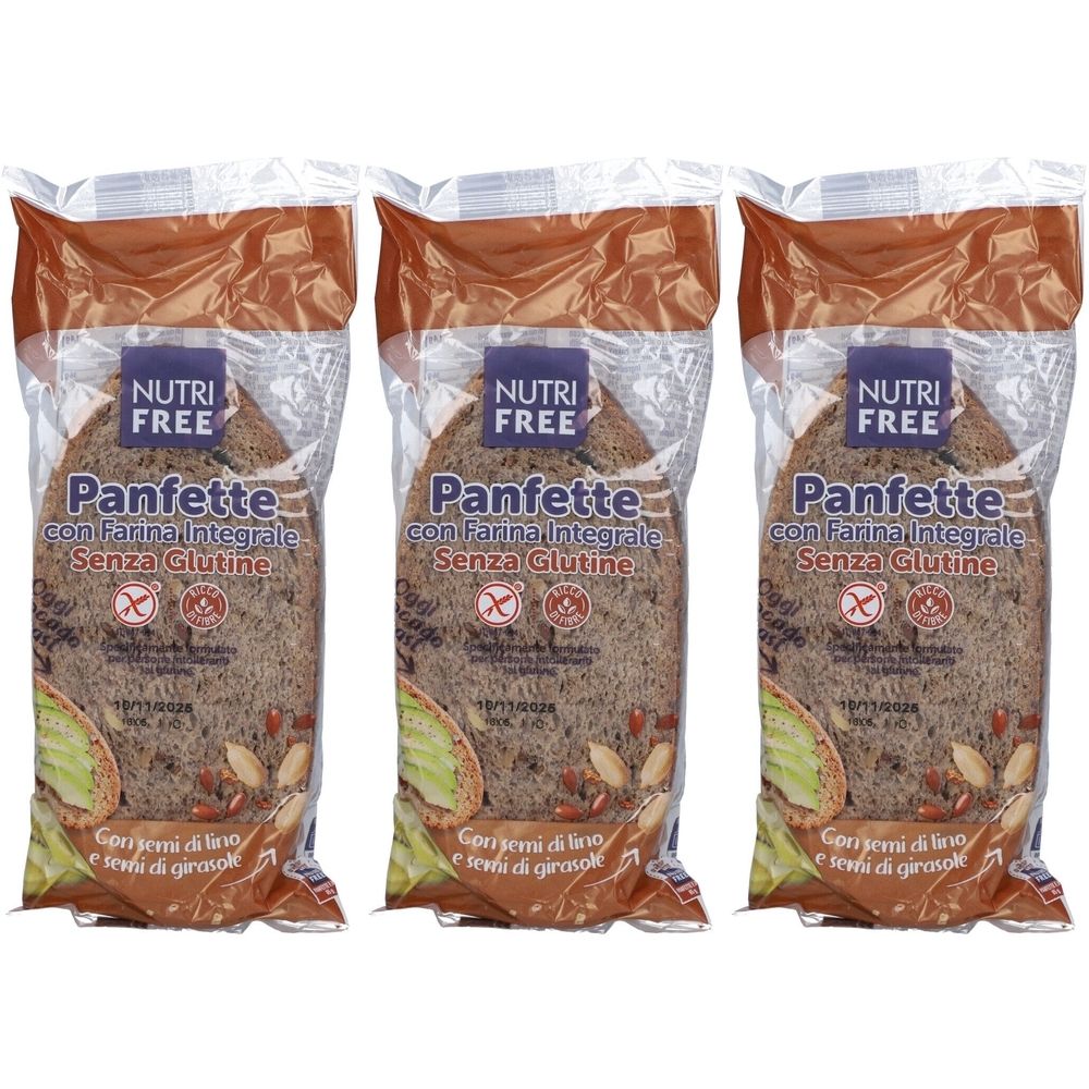 Trois pains emballés. Inscription: Nutri Free Panfette con Farina Integrale Senza Glutine. Label sans gluten.