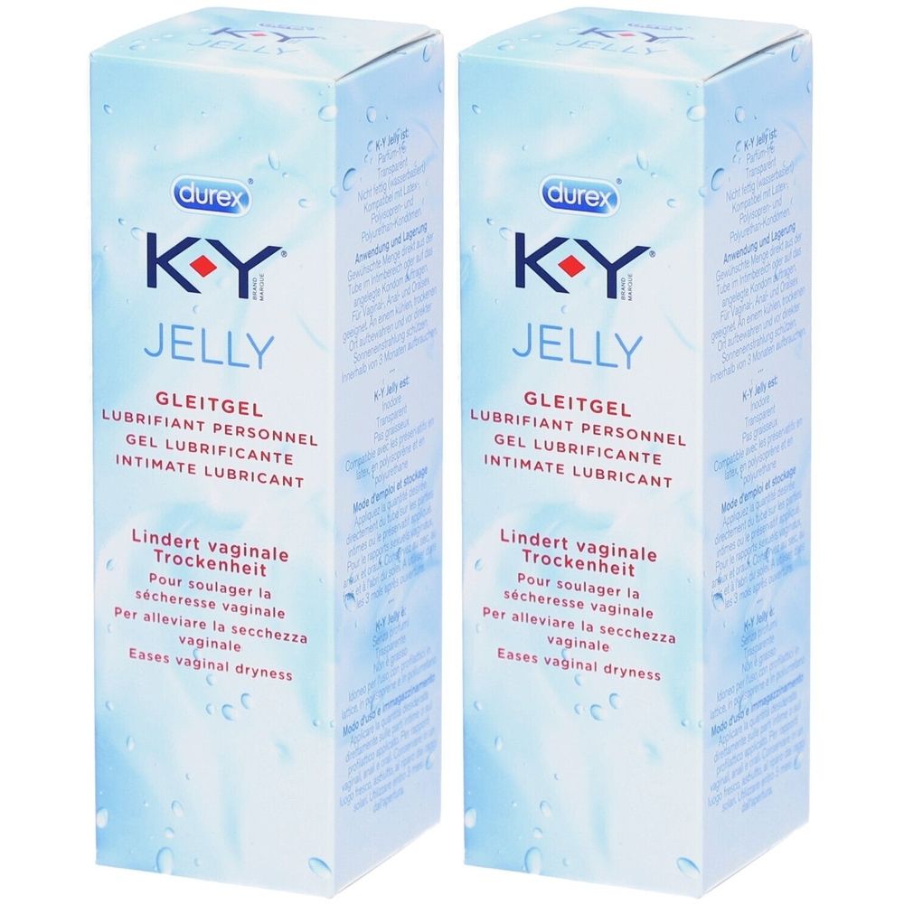 Zwei rechteckige Kartons mit Produktaufdruck. Aufschrift: K-Y Jelly, Gleitgel, Intim-Gleitmittel. Marke: Durex.