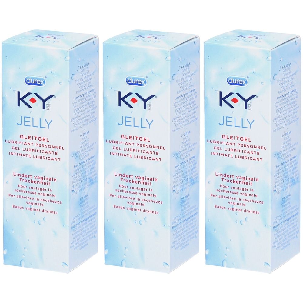 Drei Schachteln K-Y Jelly. Aufschrift: Gleitgel, Intim-Gleitmittel. Lindert vaginale Trockenheit.