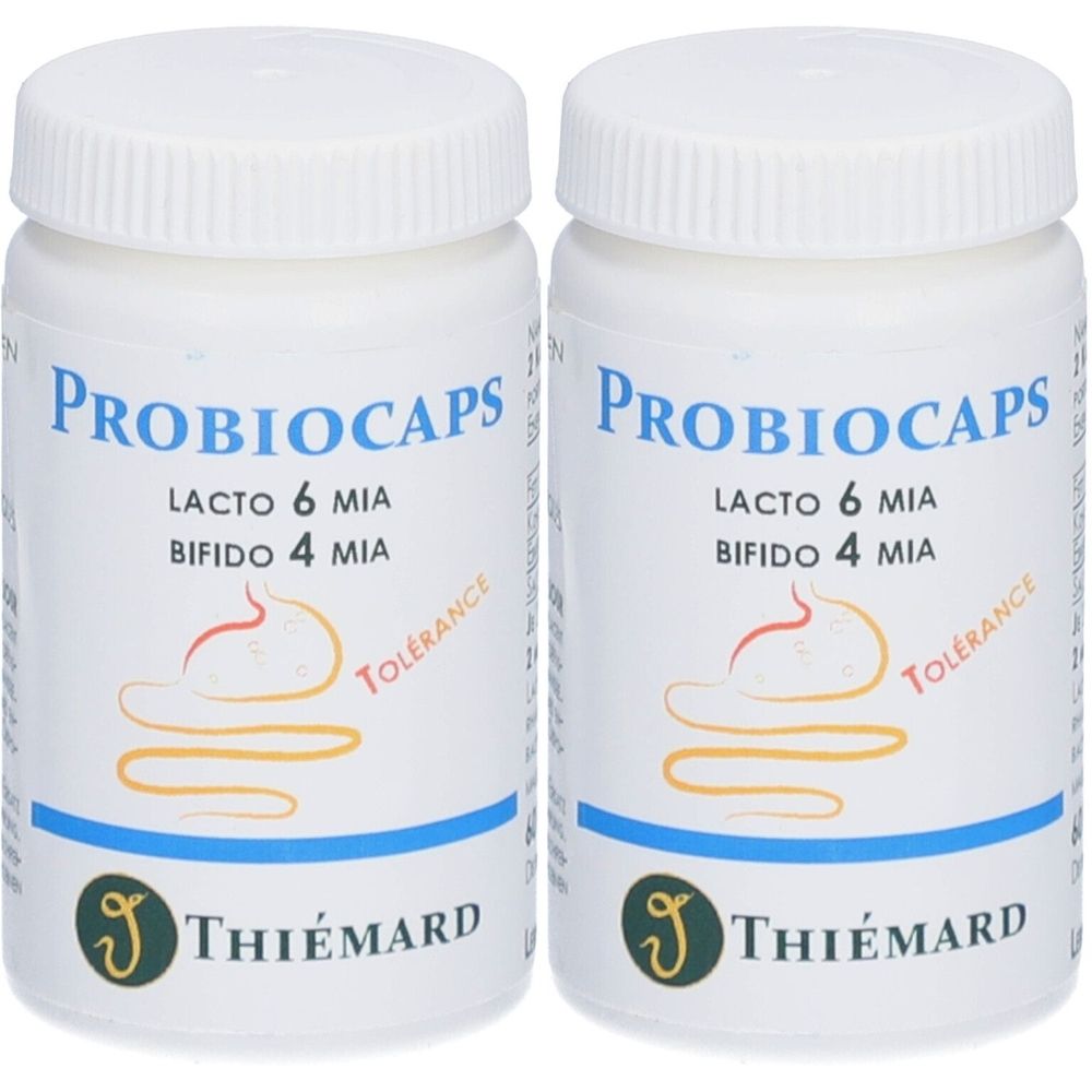 Deux flacons blancs avec bouchons à vis. Inscription : Probiocaps, Lacto 6 MIA, Bifido 4 MIA. Logo : Thiemard. Avec le mot « Tolérance ».